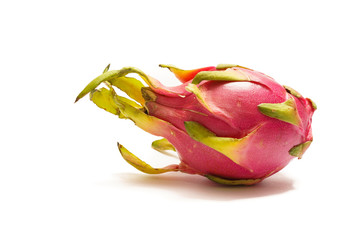 Exotic fruit Dragonfruit with pink and green skin on white background.