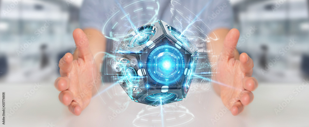Poster businessman using futuristic drone security camera 3d rendering