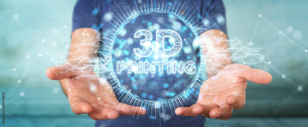 Poster businessman using 3d printing digital hologram 3d rendering