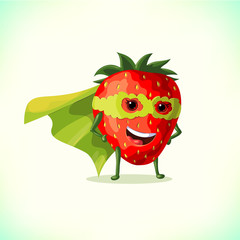Cartoon superhero strawberry in green cape and green mask. Funny fruit and vegetable super hero. Vector illustration on white background