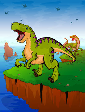 Tyrannosaur on the background of the sea. Vector illustration.