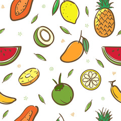 Mix tropical fruits seamless pattern background vector format in hand drawing cartoon style