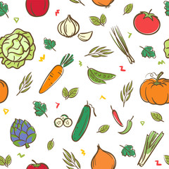 Cute mix vegetables seamless pattern background vector format in hand drawing cartoon style