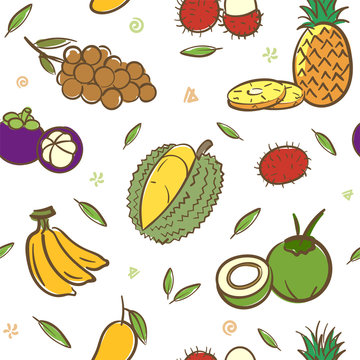 Mix tropical Thai fruits seamless pattern background vector format in hand drawing cartoon style
