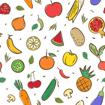 Cute mix fruits and vegetables  seamless pattern background vector format in hand drawing cartoon styles