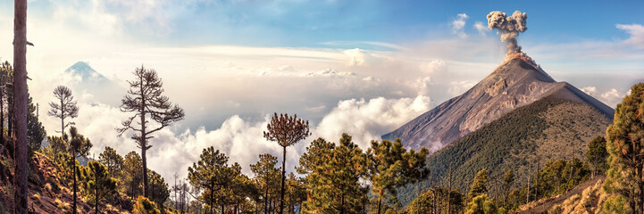  Volcanoes Agua and Fuego,View from Acatenango, Guatemala - obrazy, fototapety, plakaty