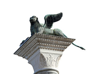 Winged lion symbol of the island of Venice in Italy with a white