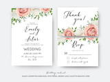 Wedding floral invite, RSVP, thank you card vector design set with creamy white garden peony flowers blush pink roses, green leaves, greenery herbs, eucalyptus branch decoration. Romantic illustration