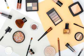 set of professional decorative cosmetics, makeup tools and accessory on white background. beauty, fashion, party and shopping concept. trendy flat lay composition, top view