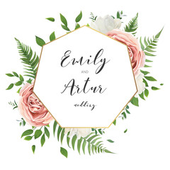 Wedding floral invite save the date card design with creamy white garden peony flowers, blush pink roses, green leaves, greenery fern & golden geometrical frame decoration. Vector elegant illustration