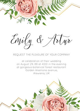 Wedding floral invite, invtation, save the date card design. Watercolor pink roses, cute white garden peony flowers, green leaves, greenery forest fern, golden geometrical decoration. Elegant template