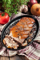 Still hot baked pork belly or bacon