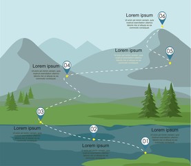 Tourism route infographic. Layers of mountain landscape with fir forest and river.  Vector illustration. 