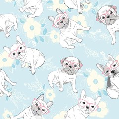 Vector seamless pattern with cute cartoon dog puppies. Can be used as a background, wallpaper, fabric and for other design.French Bulldog pattern