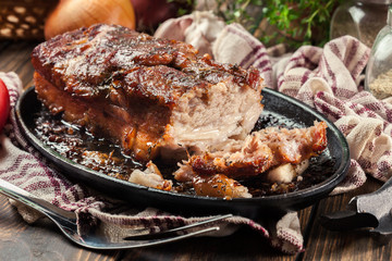 Still hot baked pork belly or bacon