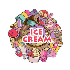 Miscellaneous ice cream with fruit and topping. Hand drawn vector illustration.