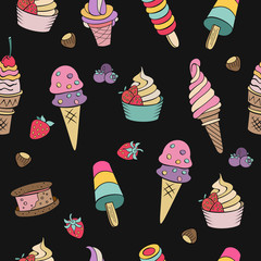 Seamless pattern on black background. Miscellaneous ice cream with fruit, nuts and topping. Hand drawn vector illustration.