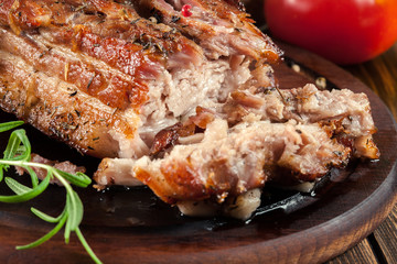 Still hot baked pork belly or bacon