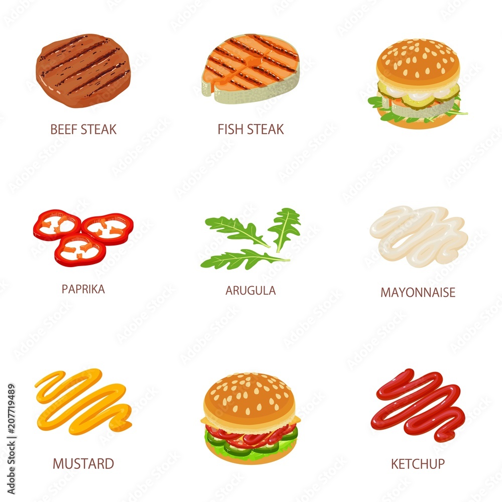 Poster steak icons set. cartoon set of 9 steak vector icons for web isolated on white background