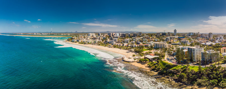 Aerial panoramic image of ocean waves on a Kings beach, Caloundra, Queensland