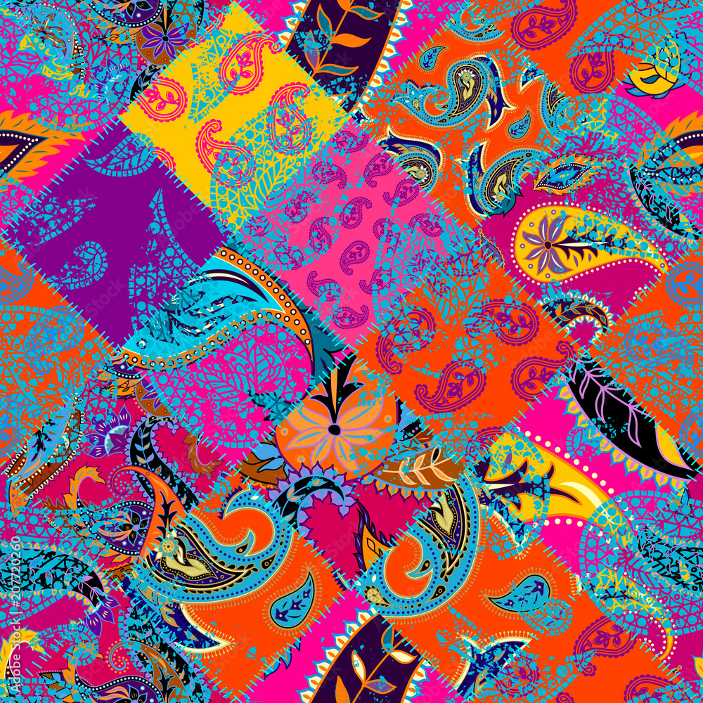 Poster Seamless background pattern. Patchwork pattern with Paisley ornament patterns. Bright magenta and orange colors. Ethnic indian style. Vector image.