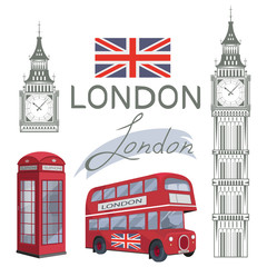 Fototapeta na wymiar Set for design on London. Great Britain flag. London bus. Big Ben Tower. London phone booth. Vector graphics to design.