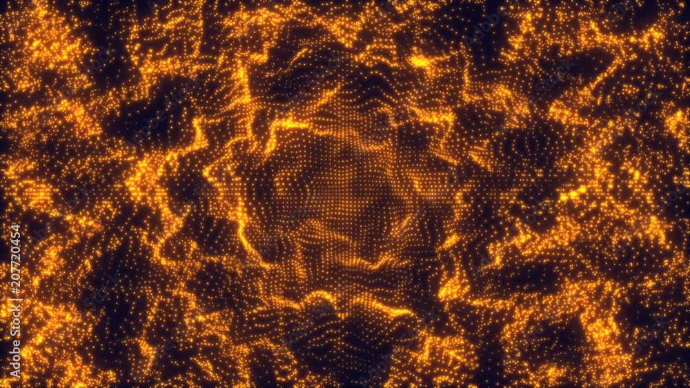 Poster abstract loopable gold cg motion waving dots texture with glowing defocused particles. cyber or tech