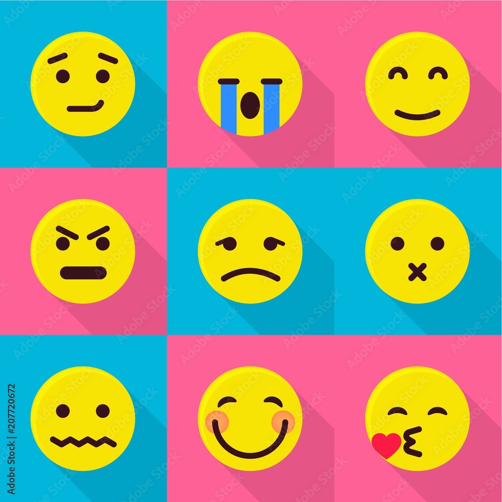 Poster emotional icons set. flat set of 9 emotional vector icons for web isolated on white background
