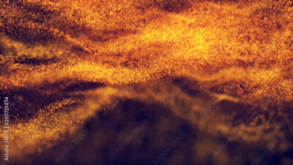 Poster abstract loopable gold cg motion waving dots texture with glowing defocused particles. cyber or tech