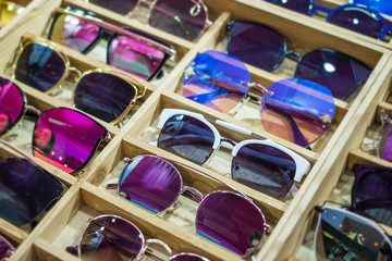 Online sunglass shop and different apparel for eyes with colorful accessories and trendy lenses.