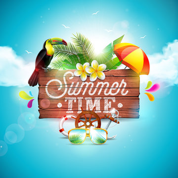 Vector Summer Time Holiday typographic illustration with toucan bird on vintage wood background. Tropical plants, flower, sunglasses and sunshade with blue cloudy sky. Design template for banner