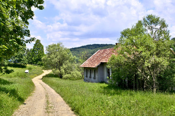 Fototapeta na wymiar Rural landscape with ground road and abandoned house, Radocyna, Low Beskid (Beskid Niski), Poland