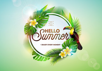 Naklejka premium Hello Summer illustration with toucan bird on tropical background. Exotic leaves and flower with holiday typography element. Vector design template for banner, flyer, invitation, brochure, poster or
