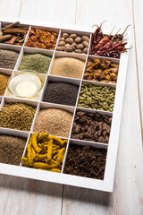 Indian Spices in white wooden box with cells, selective focus.