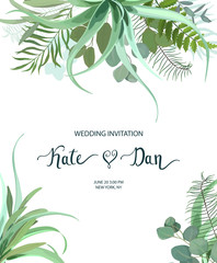 Greenery  frame with leaves, succulent , eucalyptus, fern and cactus. Perfect for wedding, frame, pattern,greeting card, invitations, lettering. Watercolor style. Vector illustration