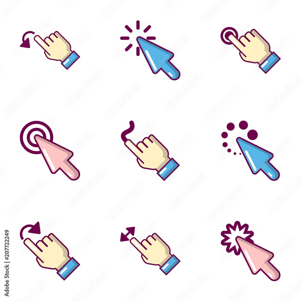 Poster click icons set. cartoon set of 9 click vector icons for web isolated on white background