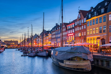 Copenhagen city skyline with view of Nyhavn in Copenhagen, Denmark