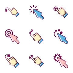 Click icons set. Cartoon set of 9 click vector icons for web isolated on white background