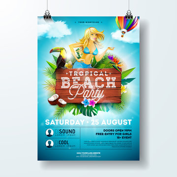 Vector Summer Beach Party Flyer Design with sexy young girl and typographic elements on wood texture background. Summer nature floral elements, tropical plants, flower, toucan bird and air balloon