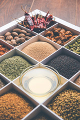 Indian Spices in white wooden box with cells, selective focus.