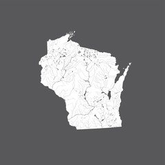 U.S. states - map of Wisconsin. Rivers and lakes are shown. Please look at my other images of cartographic series - they are all very detailed and carefully drawn by hand WITH RIVERS AND LAKES. - obrazy, fototapety, plakaty
