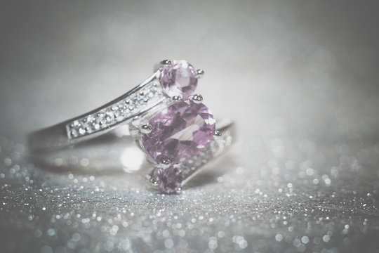 Silver ring with natural amethyst retro