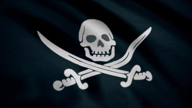 Jolly Roger is traditional English name for flags flown to identify pirate ship about to attack. Animation of the pirate flag with bones waving seamless loop. Skull and crossbones symbol on black flag