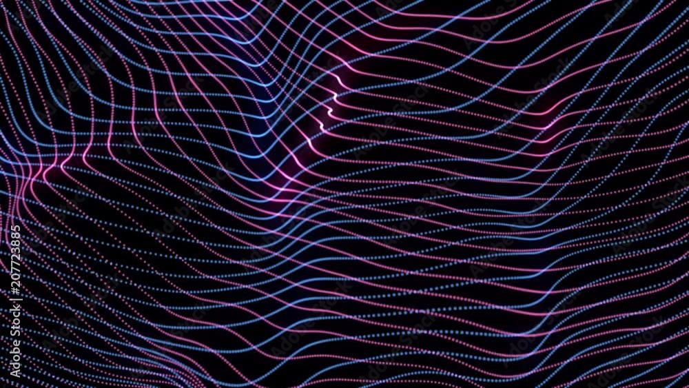 Poster abstract loopable blue and violet cg motion waving dots texture with glowing defocused particles. cy