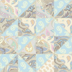 Seamless background pattern. Patchwork pattern of a triangles with Paisley ornament patterns. Vector image.