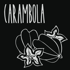 Isolate ripe starfruit or carambola as chalk on blackboard. Close up clipart in chalkboard style. Hand drawn icon