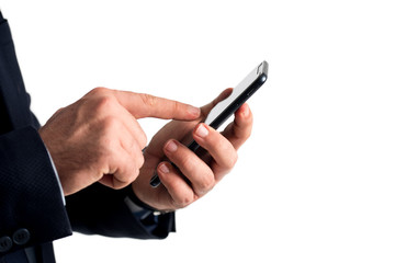 Hand with smartphone isolated on white background