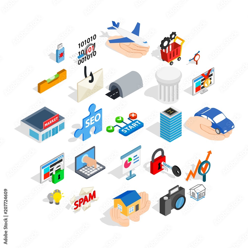Poster web interface icons set. isometric set of 25 web interface vector icons for web isolated on white ba