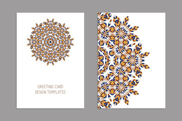 Templates for greeting and business cards, brochures, covers. Oriental pattern. Mandala. Wedding invitation, save the date, RSVP. Arabic, Islamic, moroccan, asian, indian, african motifs.