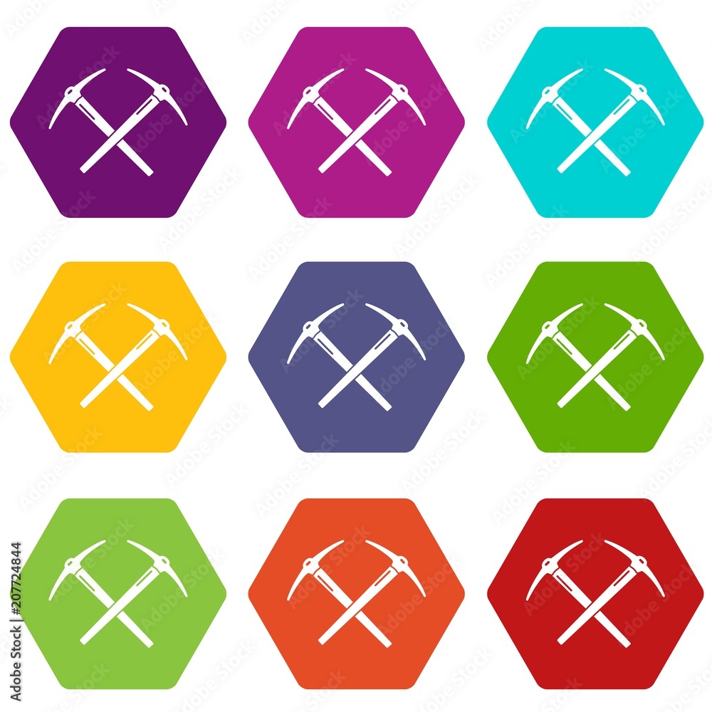Aufkleber mining pickaxe icons 9 set coloful isolated on white for web